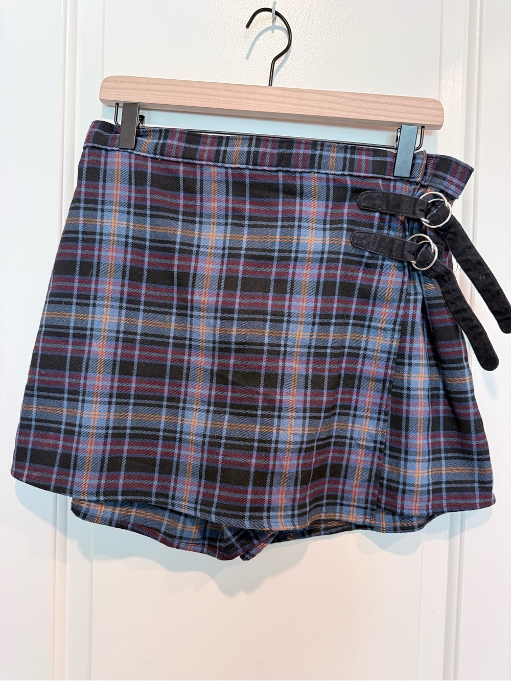 SO Plaid Wrap Mini Skort in Blue, Purple, Black
